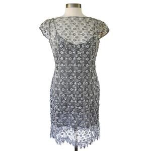 Kay Unger Illusion Metaillc Silver Starburst Lace Short Sleeve Sheath Dress